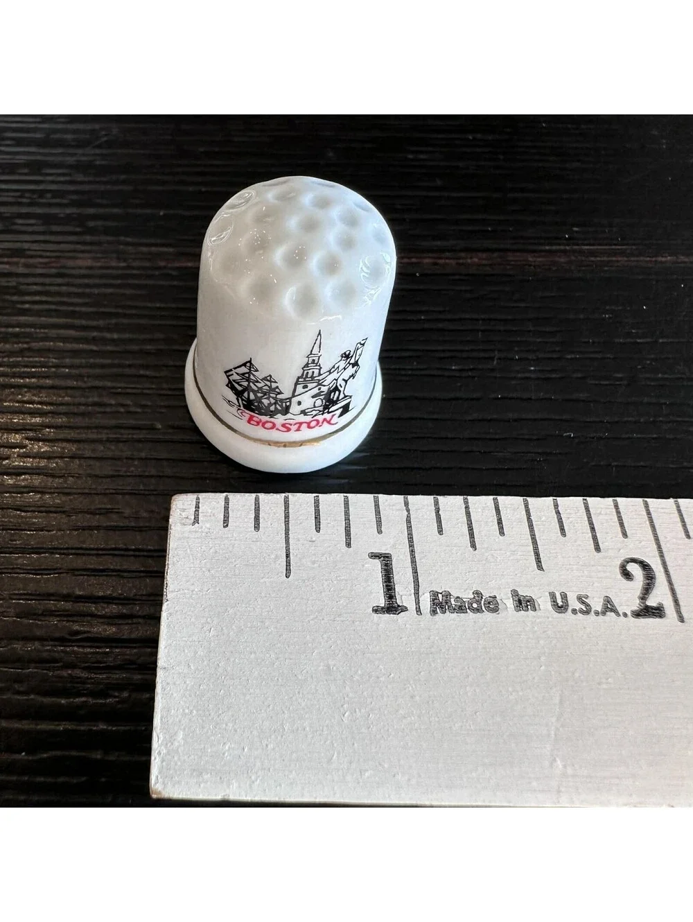 Vintage Boston Massachusetts Thimble City Landmarks Gold Trim Souvenir EUC